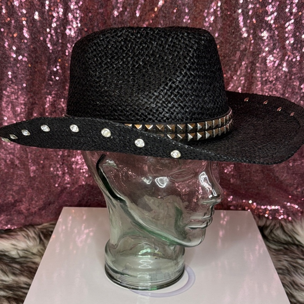 Mens woven black studded with rhinestone rim cowboy hat - Picture 3 of 5